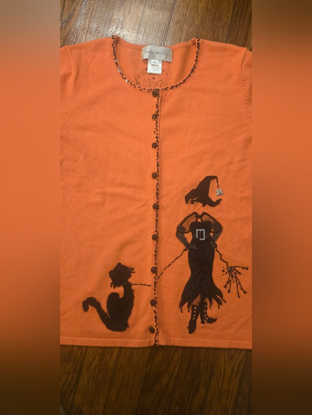 Susan Bristol Halloween Witch Black Cat Beaded Cardigan Sweater M Y2K 2006